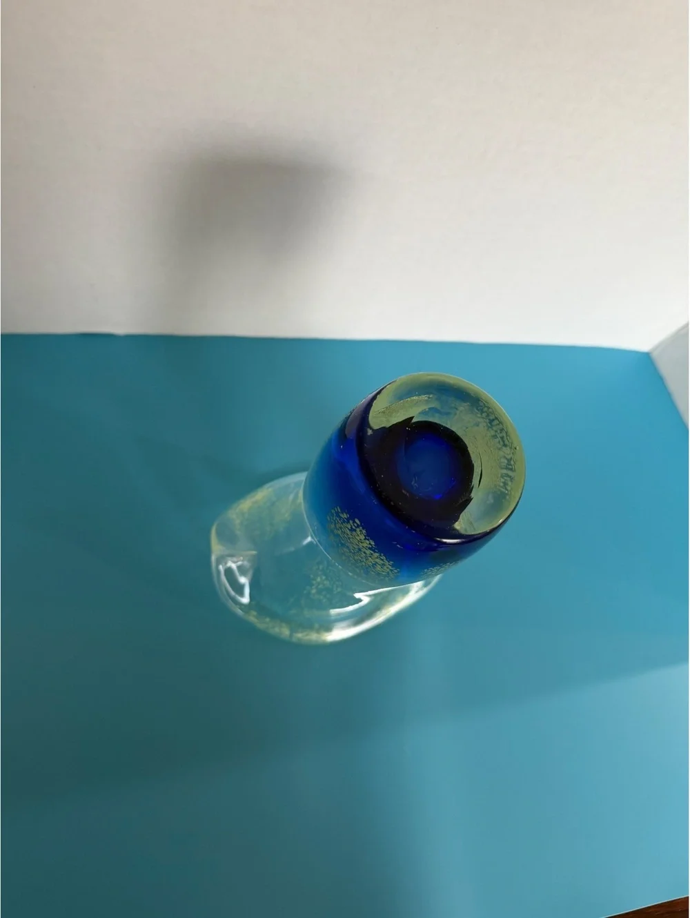Handmade Art Glass Vase with Blue and Yellow Accents
